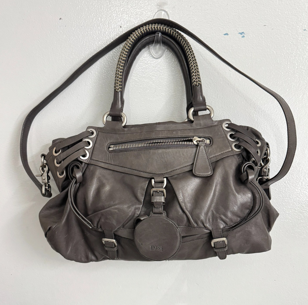 Hugo Boss Leather Hobo Shoulder Satchel Gray Lace Up Crossbody Strap Grunge Y2K
